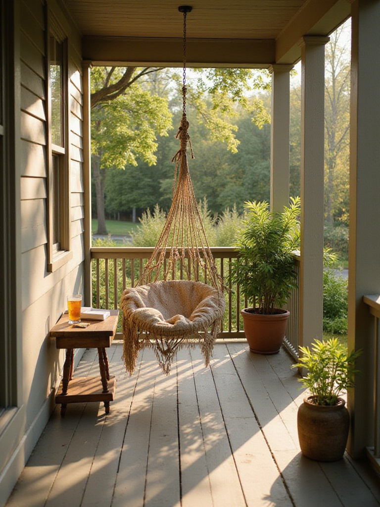 Relaxing rope hammock chair hanging on a porch with a side table and iced tea