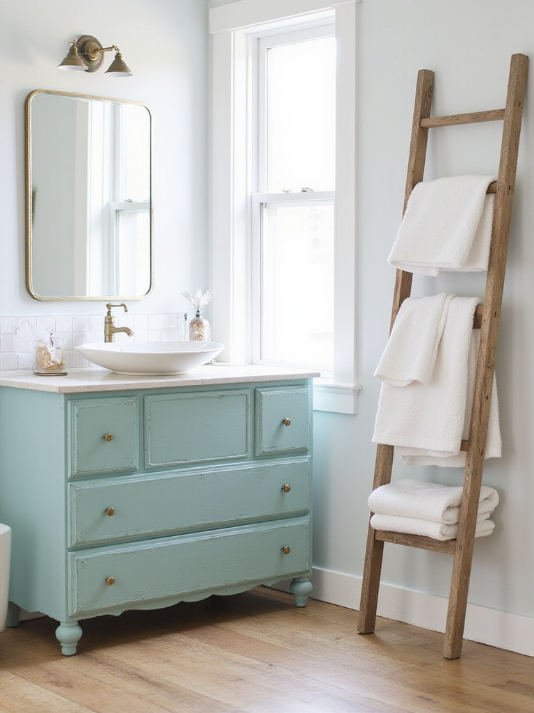 Repurposed vintage dresser as bathroom vanity with ladder towel rack