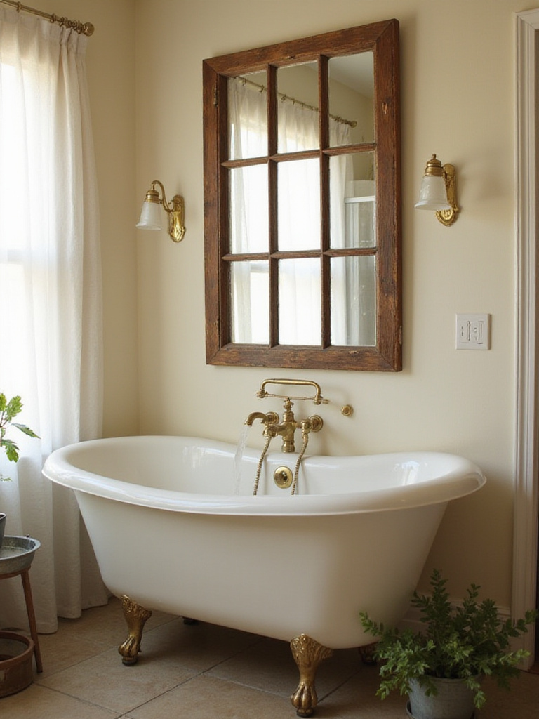 Vintage bathroom decor featuring a repurposed window frame mirror and metal washbasin planter.