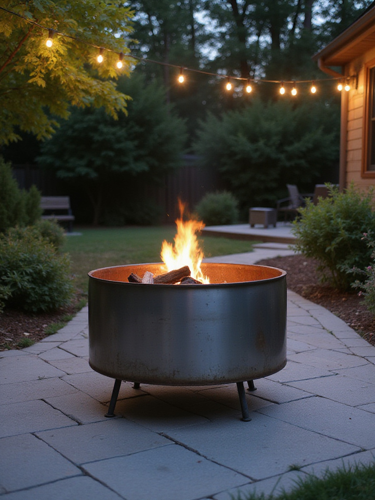 Repurposed washing machine drum firepit on a backyard patio.