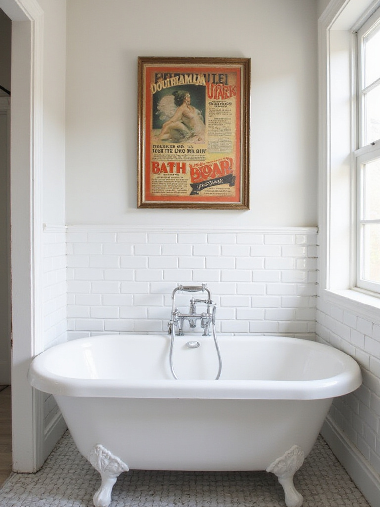 Bathroom featuring a vintage soap advertisement above a clawfoot bathtub