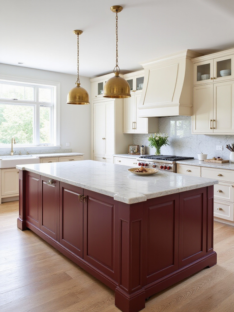 Burgundy Kitchen Island with Marble Countertop and Brass Pendants