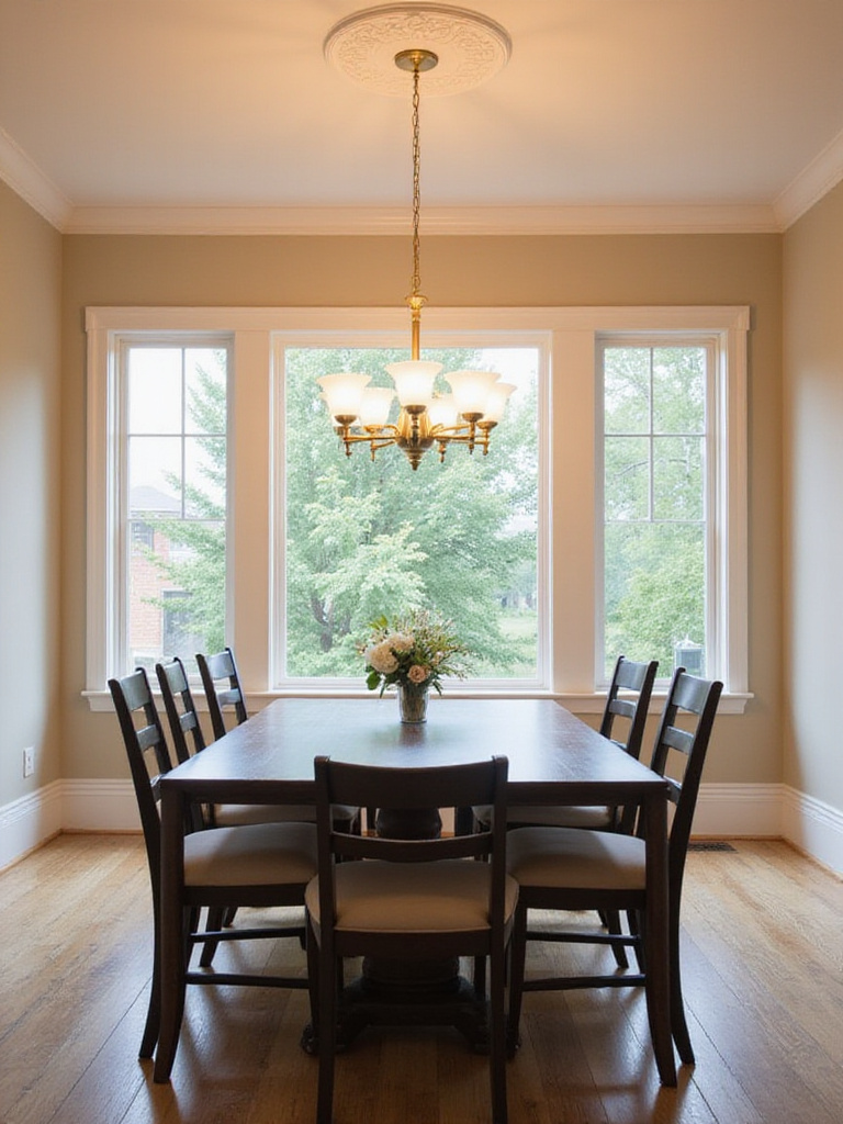 Dining room with linear chandelier perfectly sized for the rectangular dining table and room dimensions.