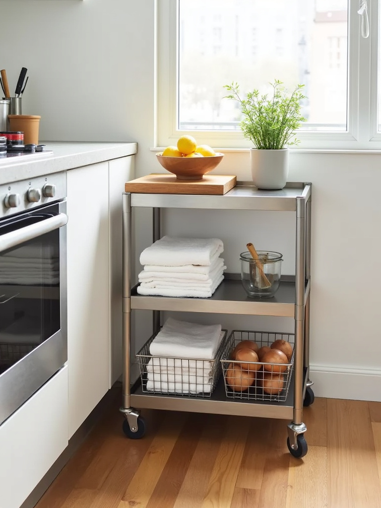 Stainless steel kitchen cart with storage shelves adding extra prep space to a small apartment kitchen.