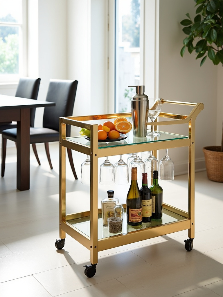 Contemporary dining room with gold rolling bar cart featuring cocktail supplies and glassware.