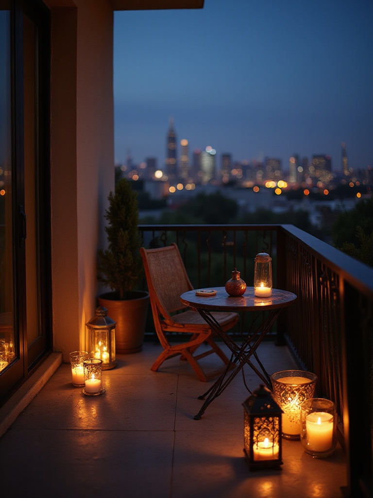 Balcony illuminated by candle lanterns creating a romantic atmosphere