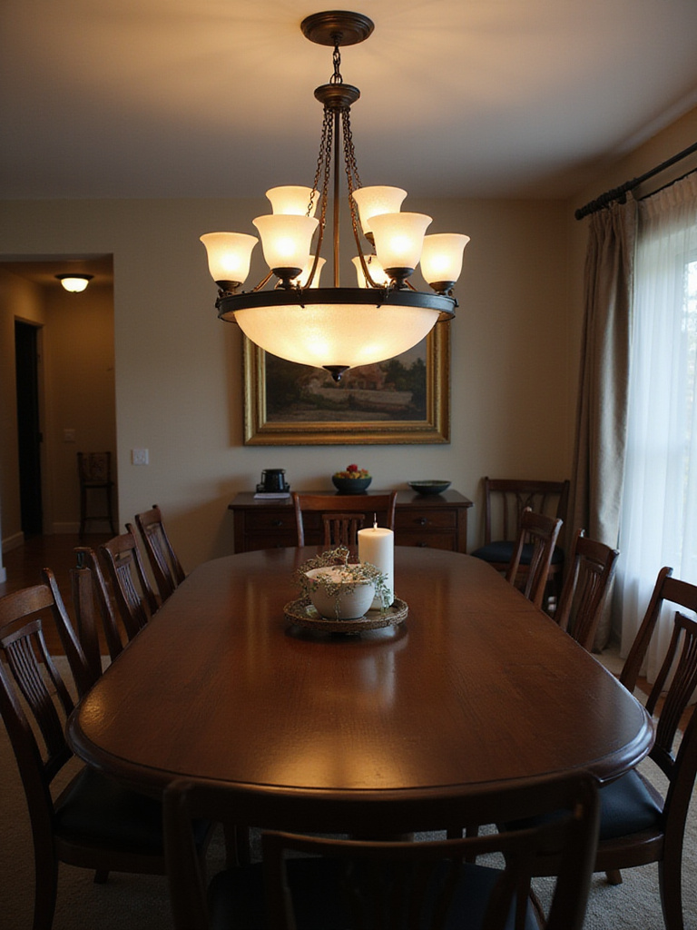 Elegant dining room featuring a classic circular chandelier providing balanced illumination above a dark wood dining table.