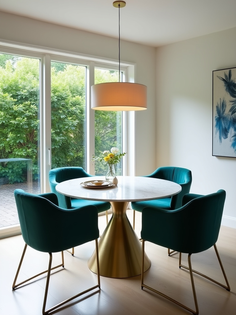 Contemporary round marble dining table with gold pedestal base and teal velvet chairs in a modern dining room.