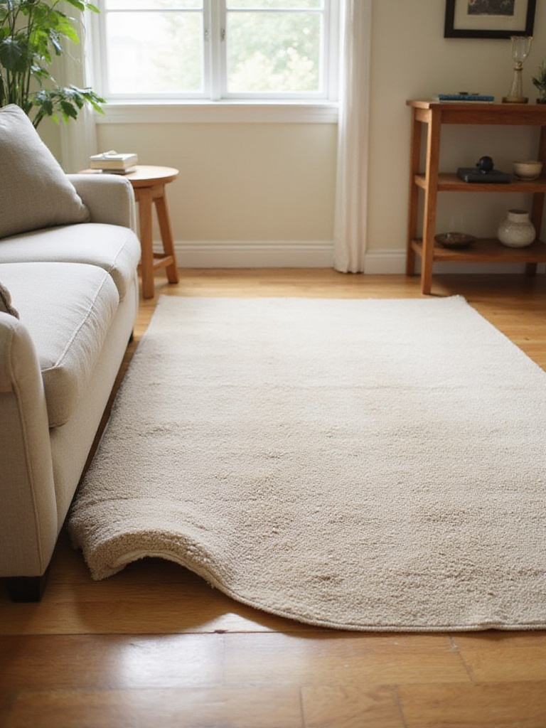 Rug pad underneath a living room rug on hardwood floor.