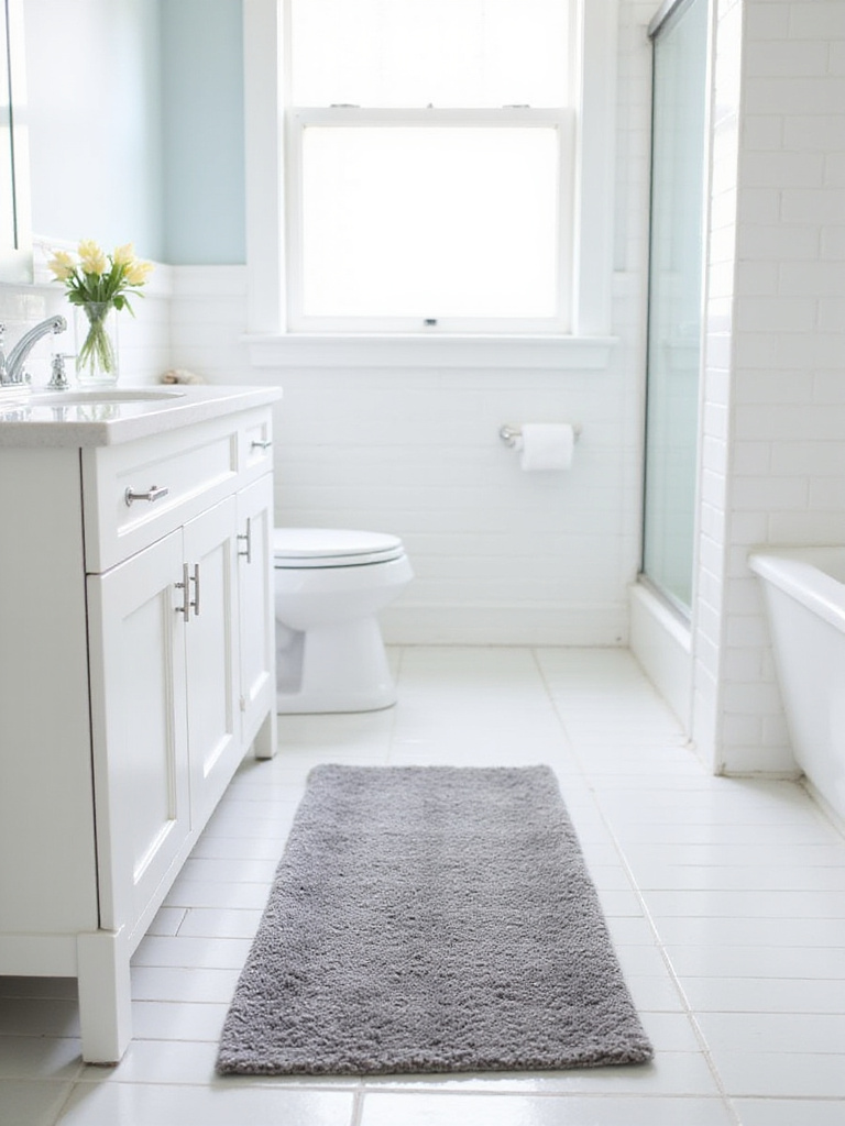 Affordable gray cotton bathroom rug adding warmth and texture to a modern white bathroom.
