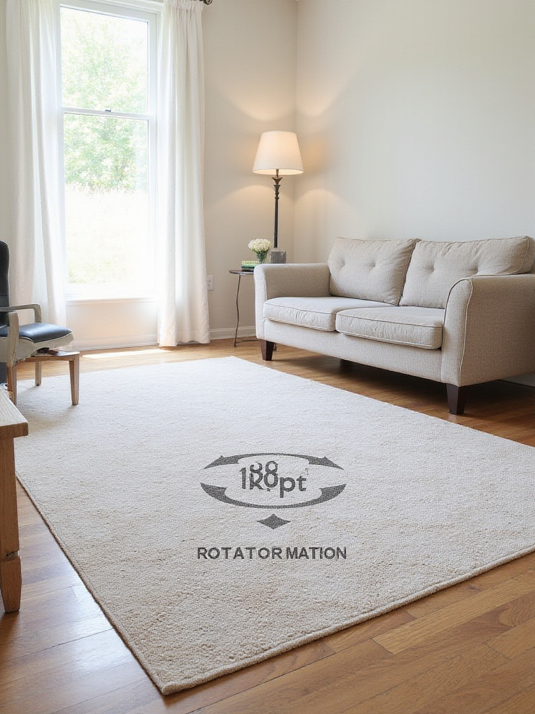 Living room rug showing wear pattern and arrows indicating a 180-degree rotation for even wear.
