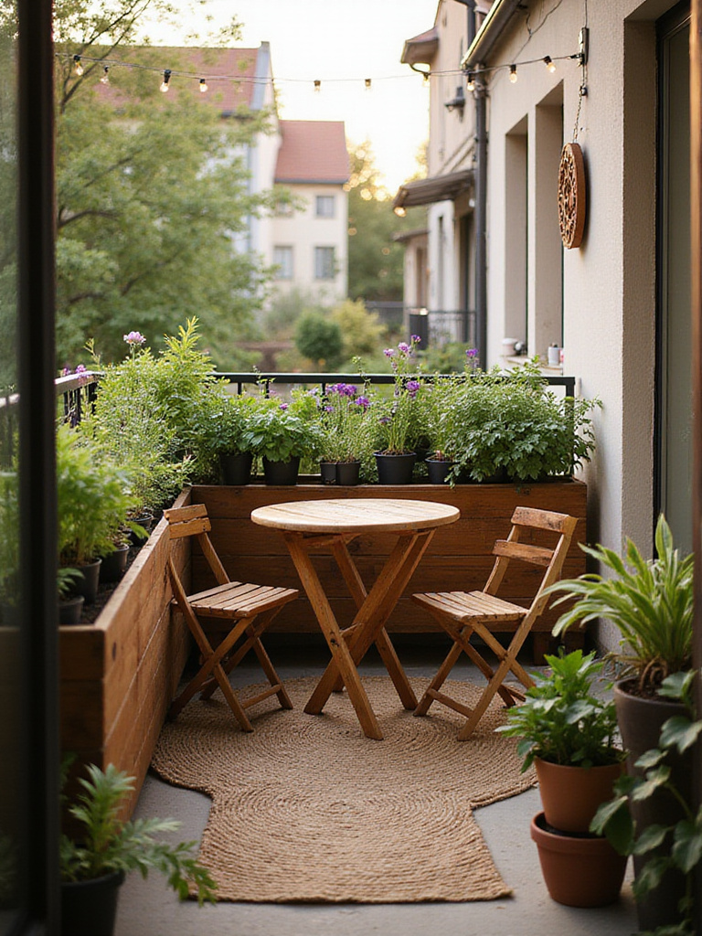 Rustic balcony with wooden planters, jute rug, and string lights creating a cozy outdoor space.