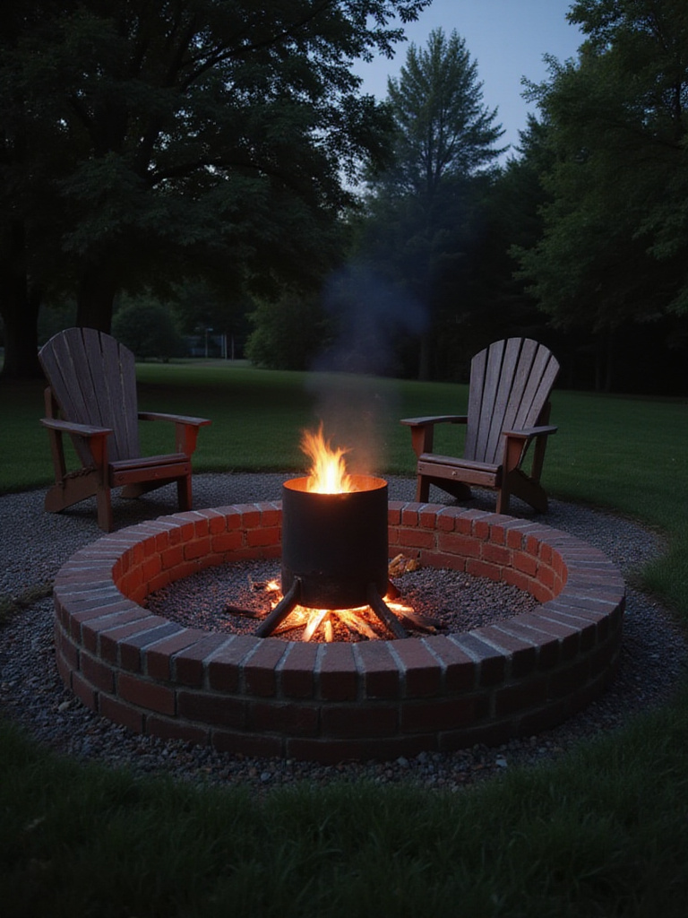 Rustic brick firepit in backyard with Adirondack chairs.