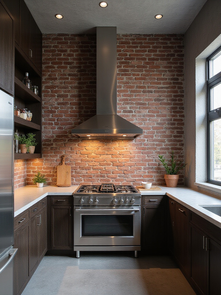 Kitchen with brick backsplash, dark cabinets, and stainless steel appliances.