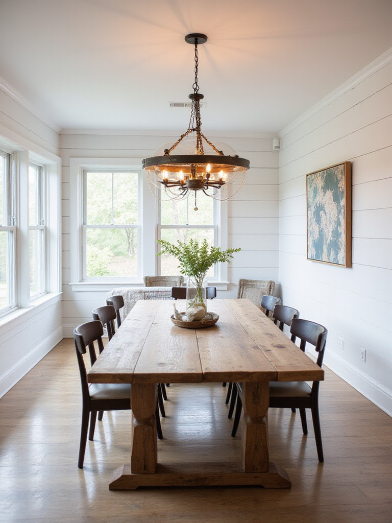 Farmhouse dining room with rustic wood and iron chandelier
