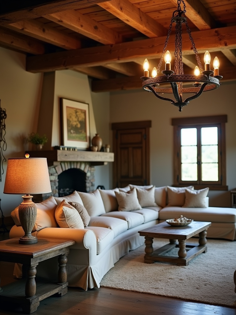 Rustic living room with iron and wood lighting fixtures creating a warm ambiance