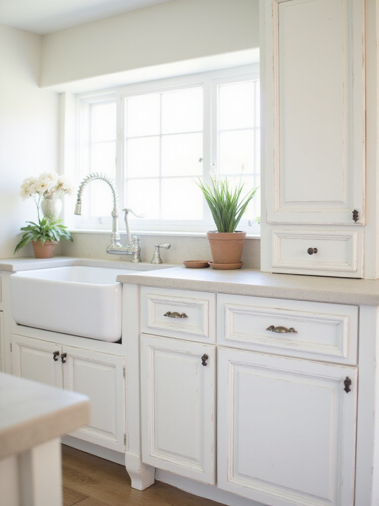 Kitchen featuring white distressed cabinets with vintage charm
