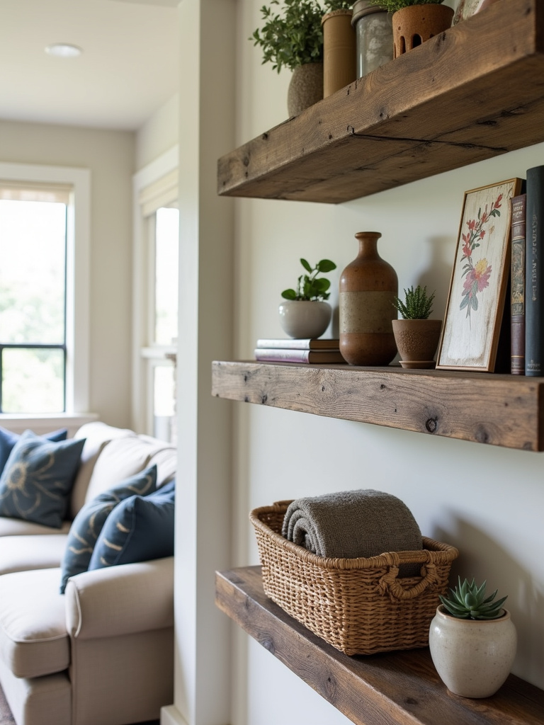 Rustic living room with reclaimed wood shelving displaying vintage books, plants, and pottery.
