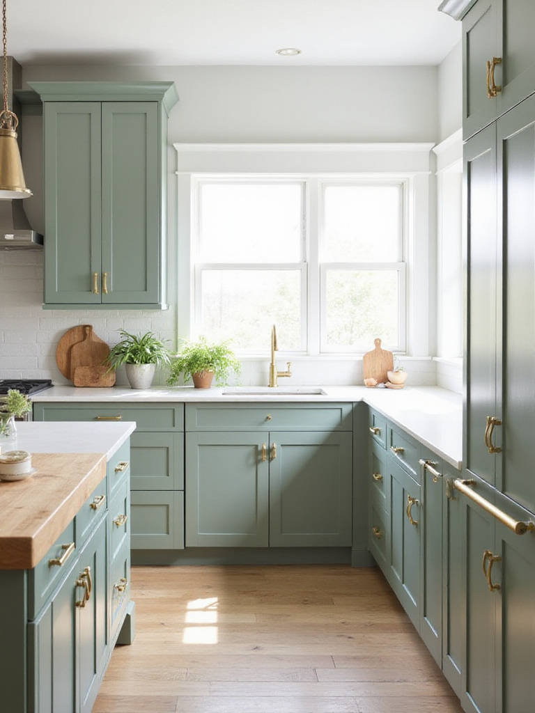 Sage green kitchen cabinets with white quartz countertops and brushed brass hardware.