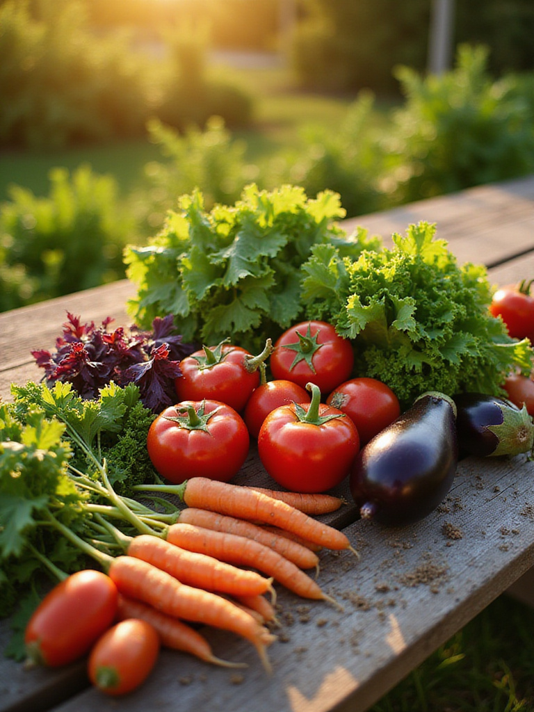 Freshly harvested homegrown vegetables arranged on a picnic table.