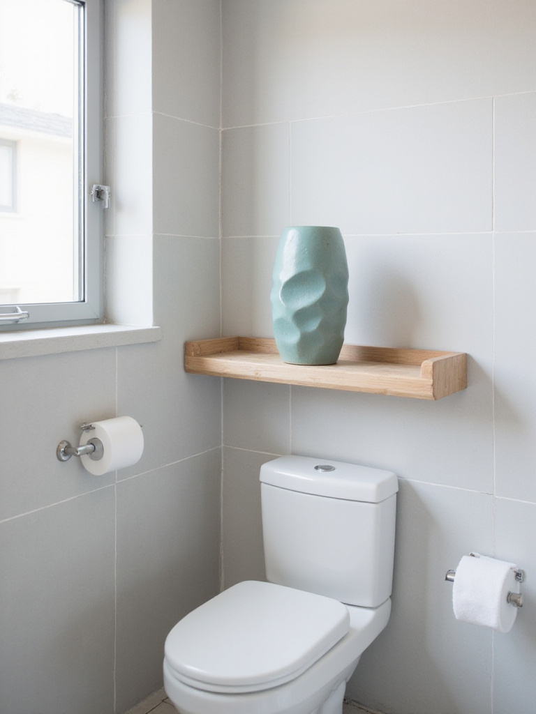 Modern bathroom featuring a teal ceramic sculpture on a wooden floating shelf above the toilet.