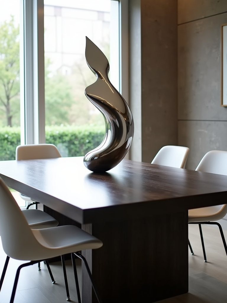 Contemporary dining room with a stainless steel sculptural centerpiece on a dark wood table.
