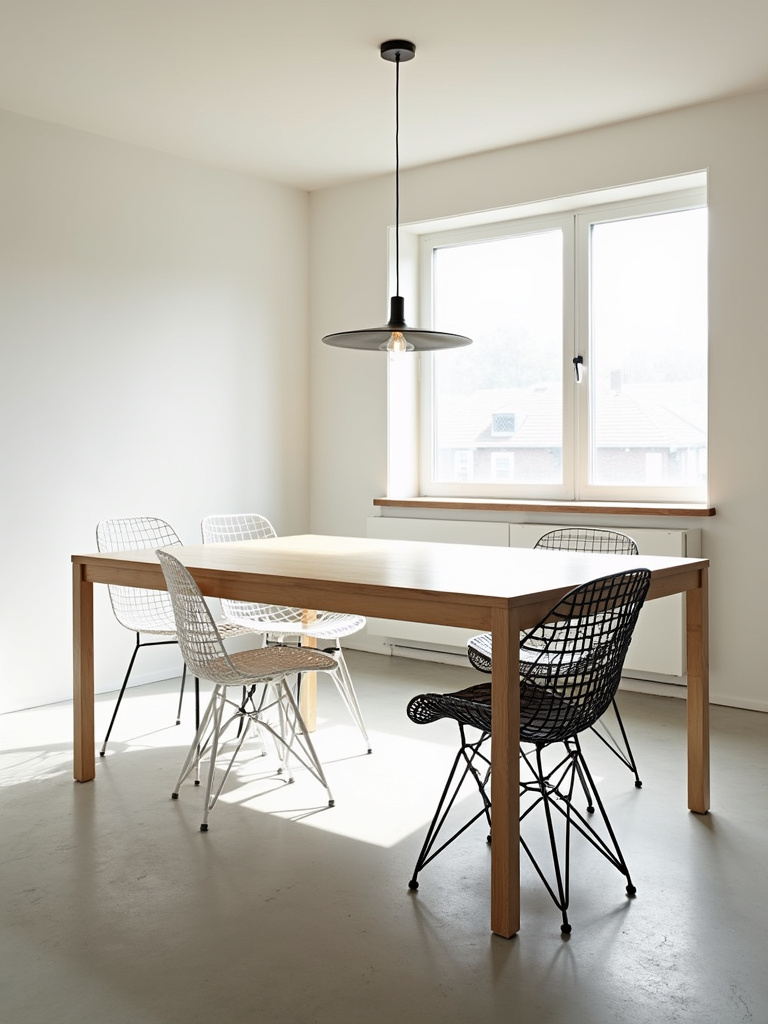 Sculptural wire dining chairs in a modern dining room