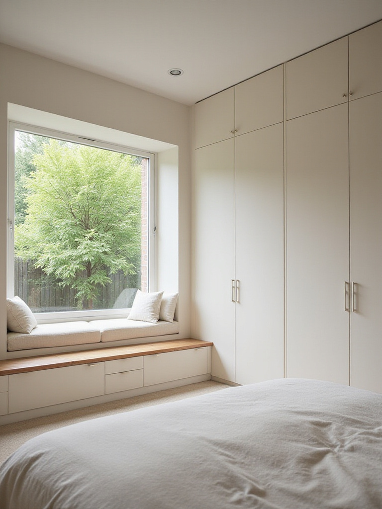 Small bedroom with seamless built-in storage solutions, including a floor-to-ceiling wardrobe and a platform bed with drawers.