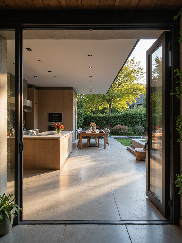 Luxury kitchen with bi-fold doors opening to outdoor dining patio.