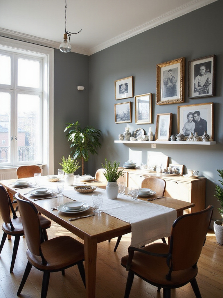 Dining room with personalized gallery wall, vintage china collection, and eclectic decor