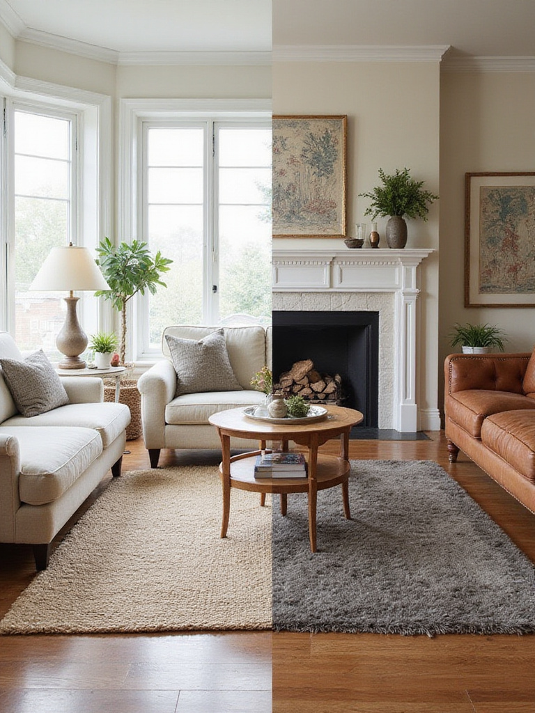 Living room with seasonal rug swap showcasing a light jute rug for summer and a dark wool rug for winter.