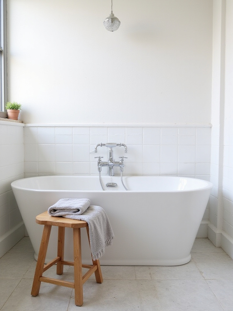 Small bathroom with bathtub and wooden stool holding a towel