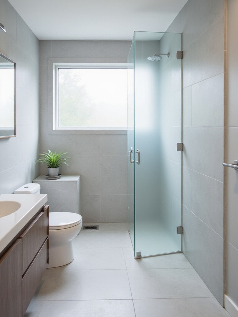 Small bathroom remodel with frameless glass shower door to maximize space.