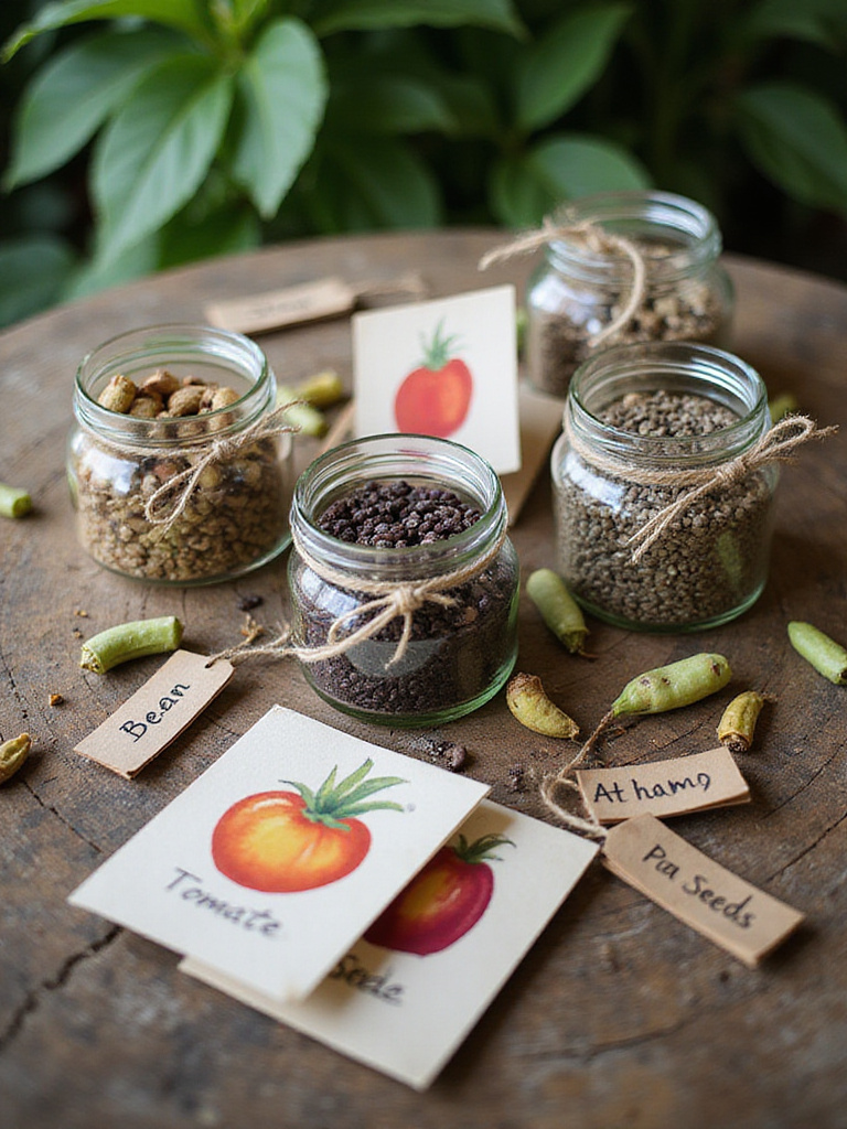 Saved vegetable seeds in labeled jars on a wooden table with seed packets and dried plant matter.