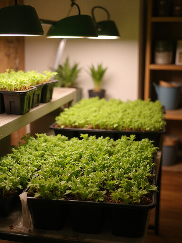 Indoor seed starting setup with grow lights and healthy vegetable seedlings.