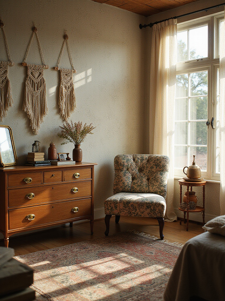 Boho bedroom with vintage dresser, mid-century chair, and layered textiles.