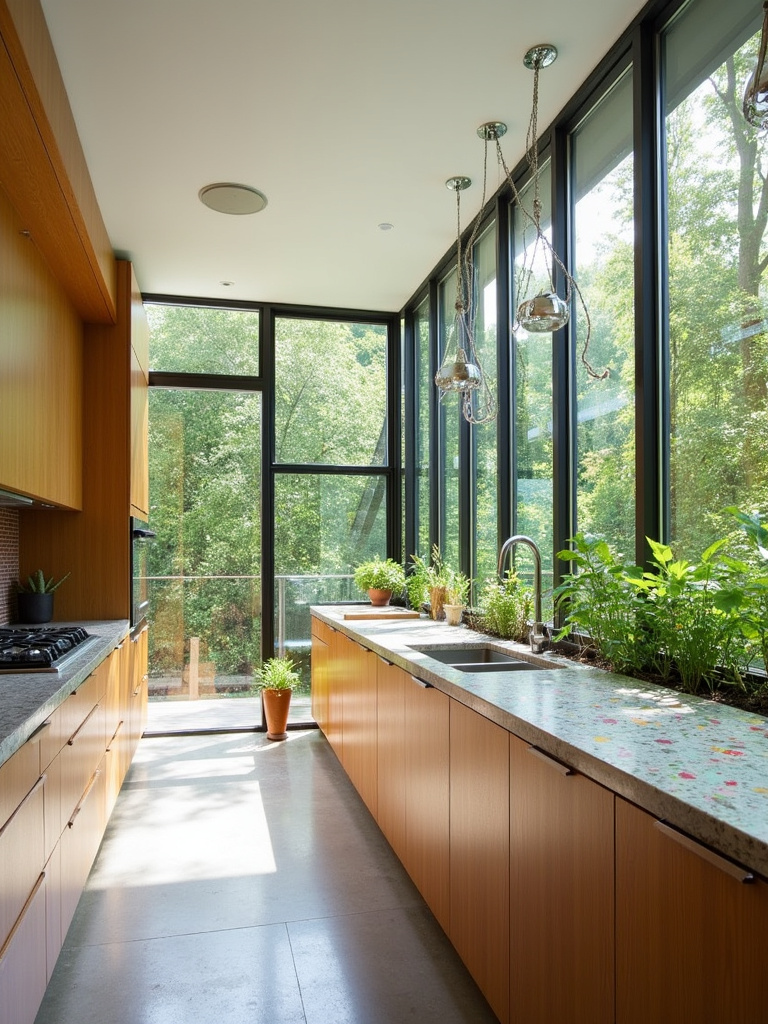 Modern kitchen with bamboo cabinets, recycled glass countertop, and reclaimed brick backsplash showcasing sustainable design.