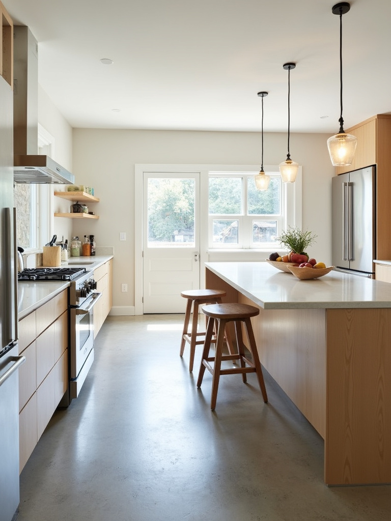 Modern kitchen design with polished concrete floors and wood cabinets