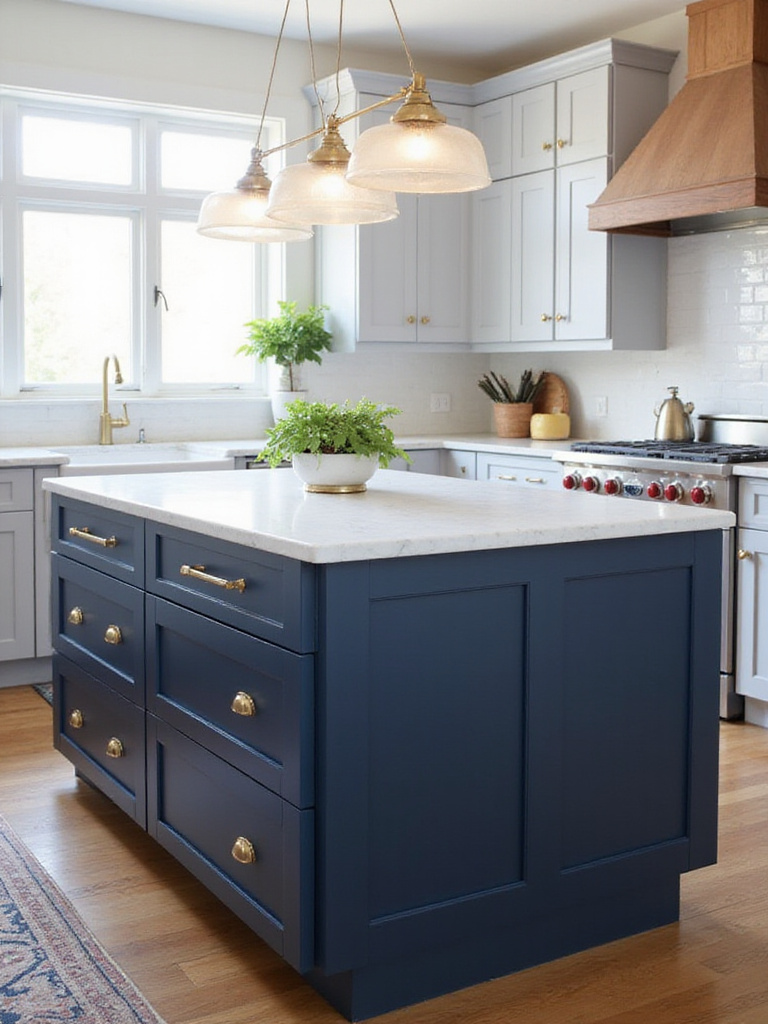 Navy blue kitchen island with white quartz countertop and brass hardware