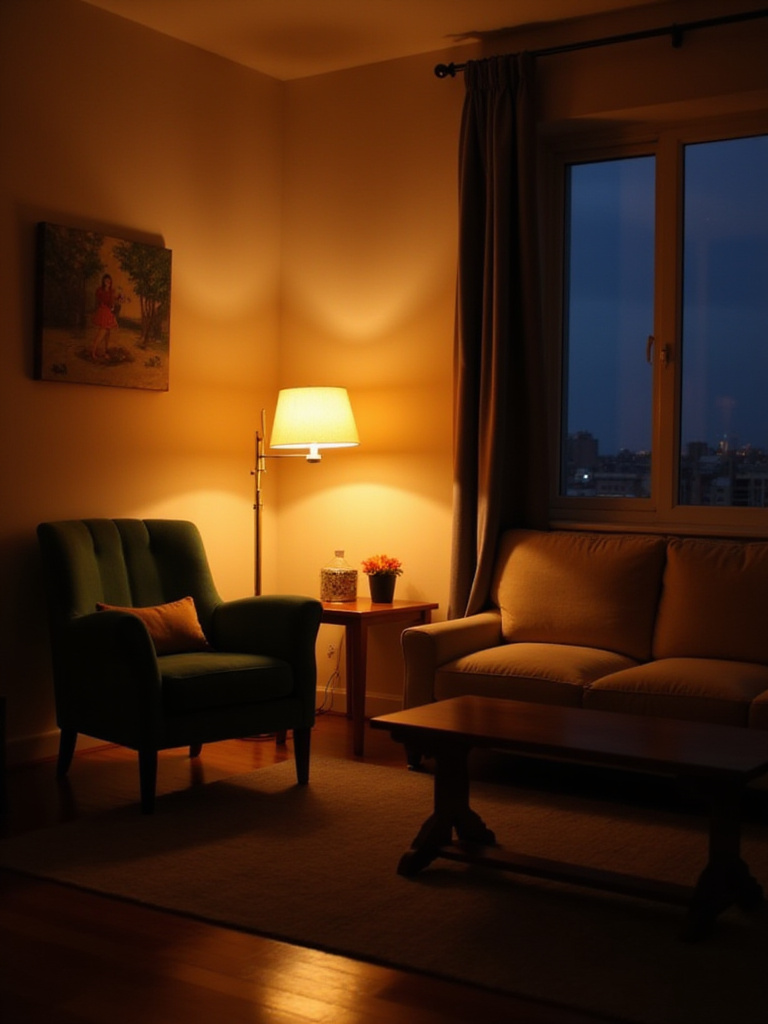 Cozy apartment living room with layered lighting creating a warm ambiance.