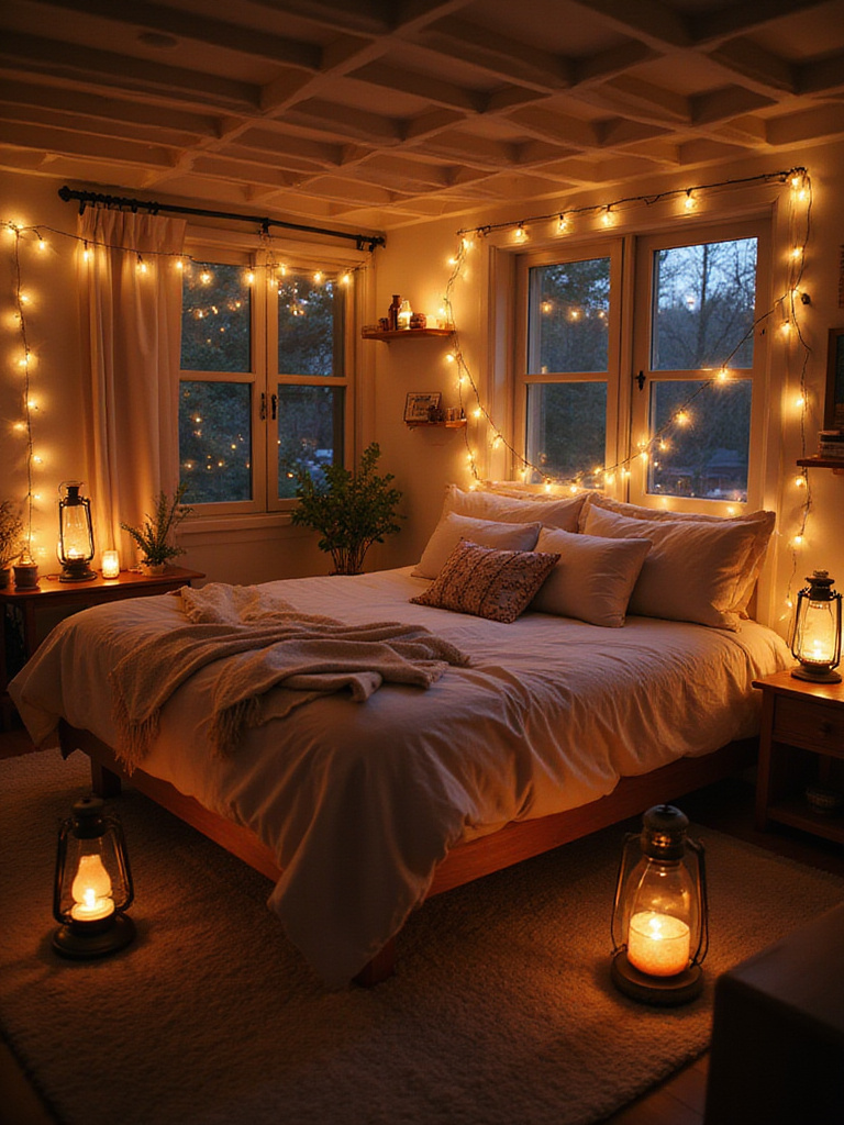 Boho bedroom with soft lighting from string lights and lanterns