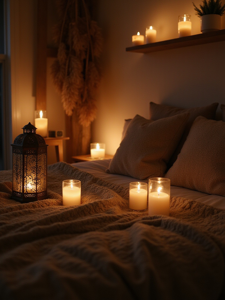 Cozy bedroom interior featuring soft, warm lighting from flameless candles.