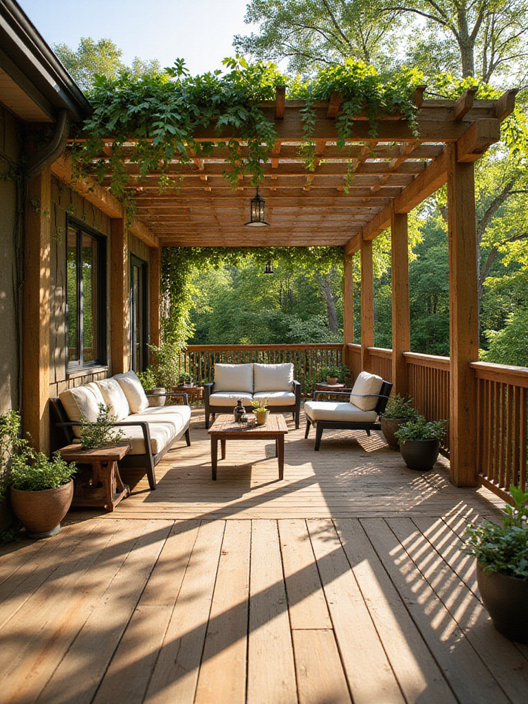 Deck with modern pergola providing shade and dappled sunlight.