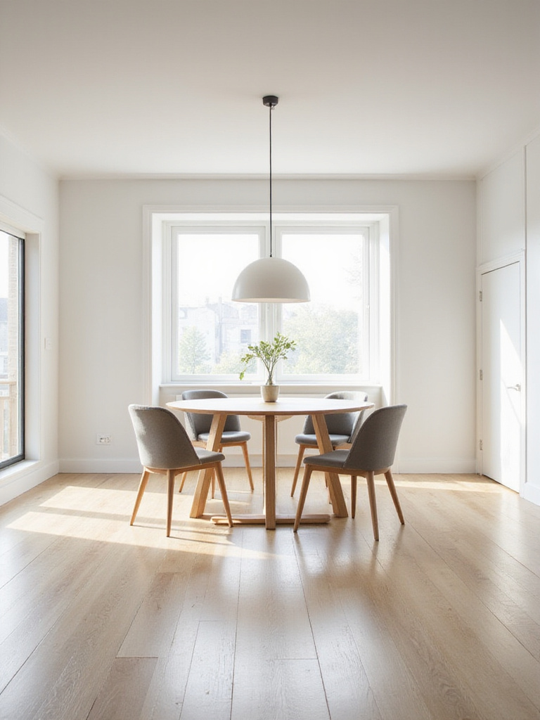 Modern dining room with round table and neutral decor
