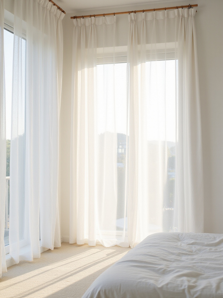 Serene white bedroom with sheer white curtains allowing soft, diffused natural light.