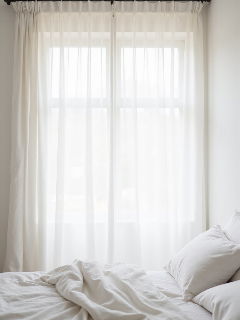 White bedroom with sheer white curtains diffusing natural light.