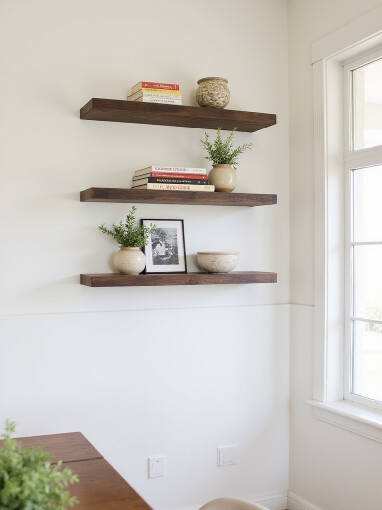 Dining room wall with decorative wood shelves styled with vases, books, and artwork.