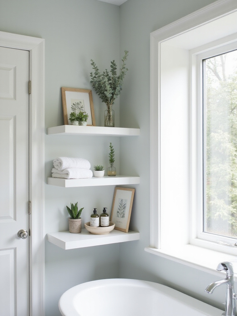 Bathroom shelves styled with succulents, decorative objects, and folded towels as artistic decor.