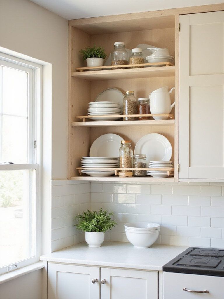 Kitchen with upper cabinets transformed into stylish open shelving displaying dishes, spices, and plants.
