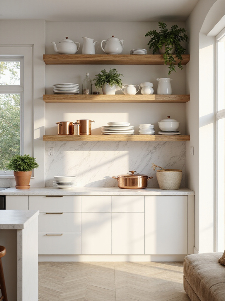 Luxury kitchen with chic light oak open shelving displaying white ceramic dishes and copper cookware.
